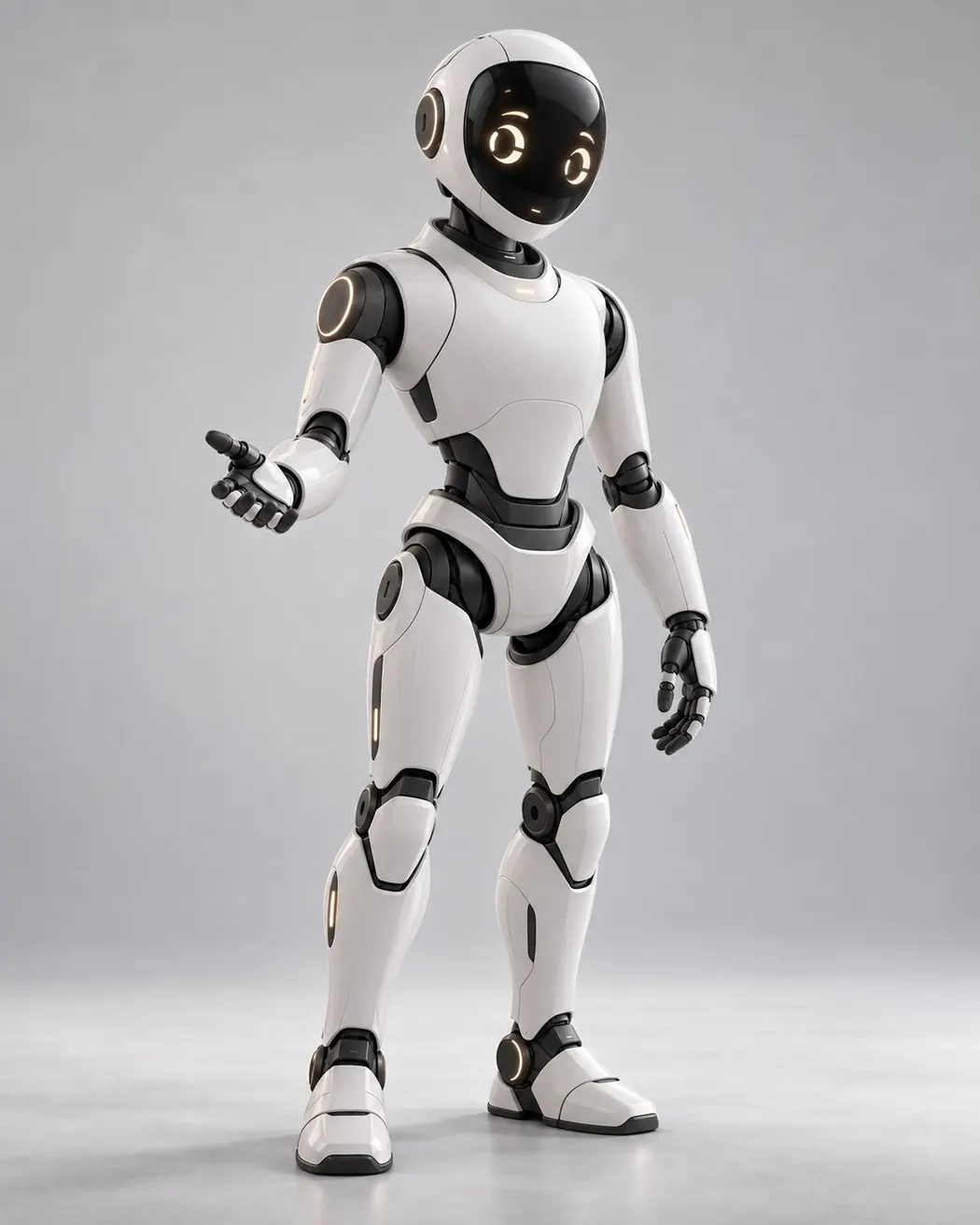 Concept rendering of a future full-body Evopien humanoid with a white shell and dark joints