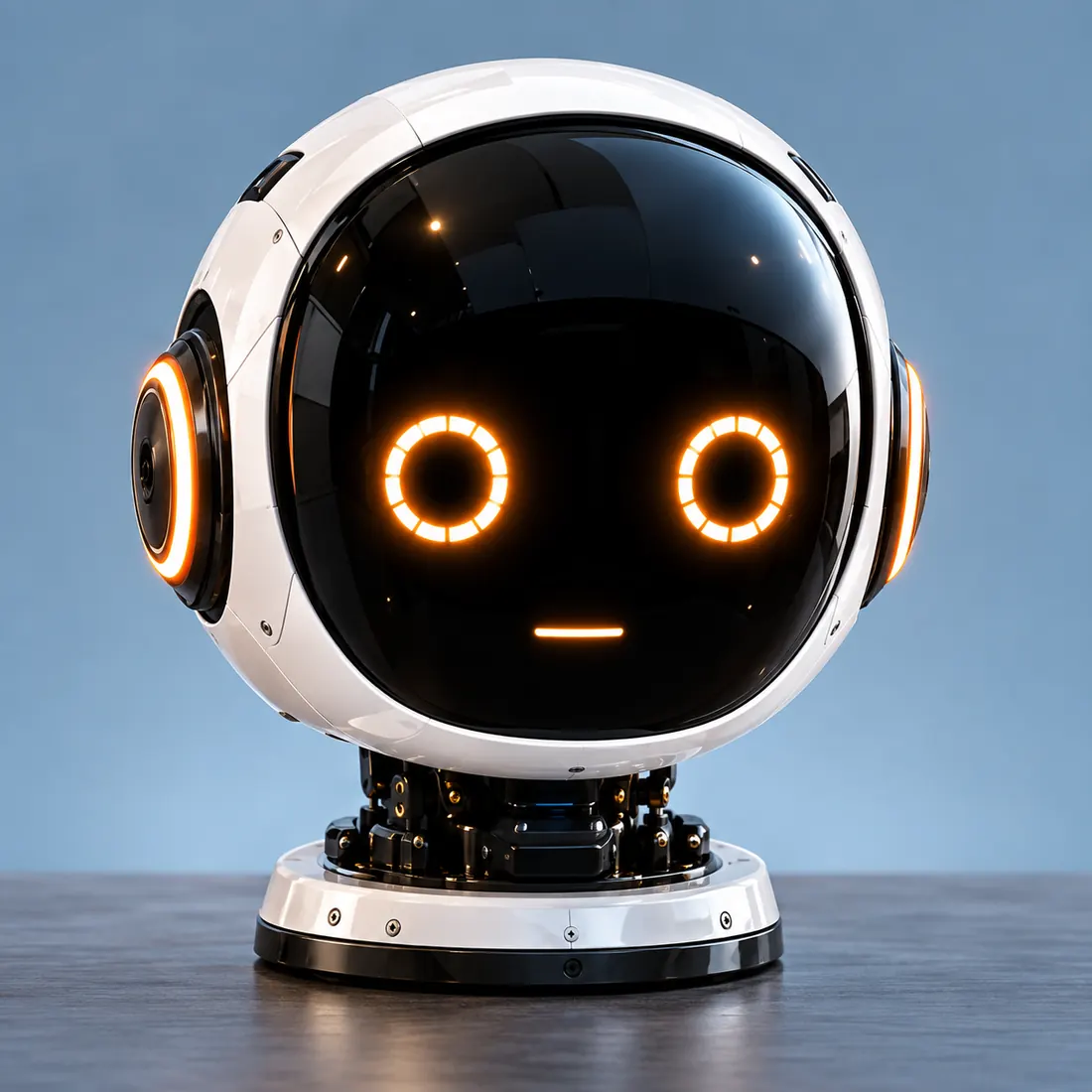 Concept rendering of the Evopien head with a white shell, dark face, illuminated eyes and a stationary base
