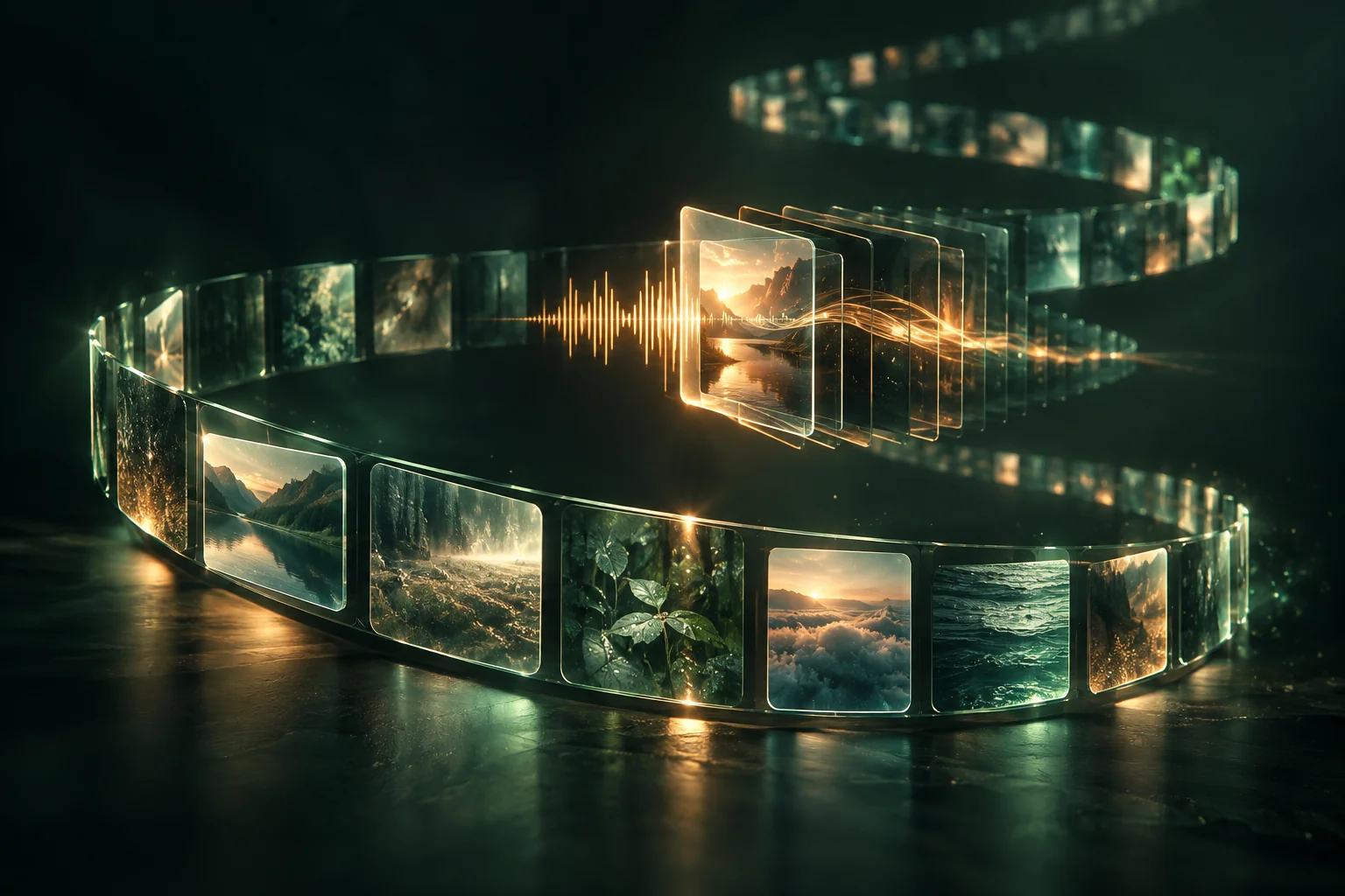 AI-generated concept of a glowing memory timeline meeting sound waves and layered visual frames