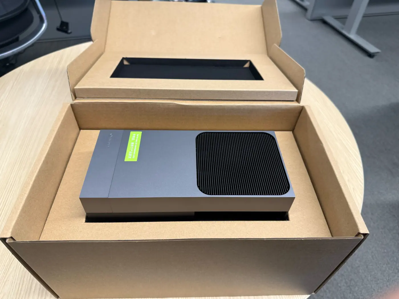 Jetson AGX Thor Developer Kit inside its open cardboard packaging
