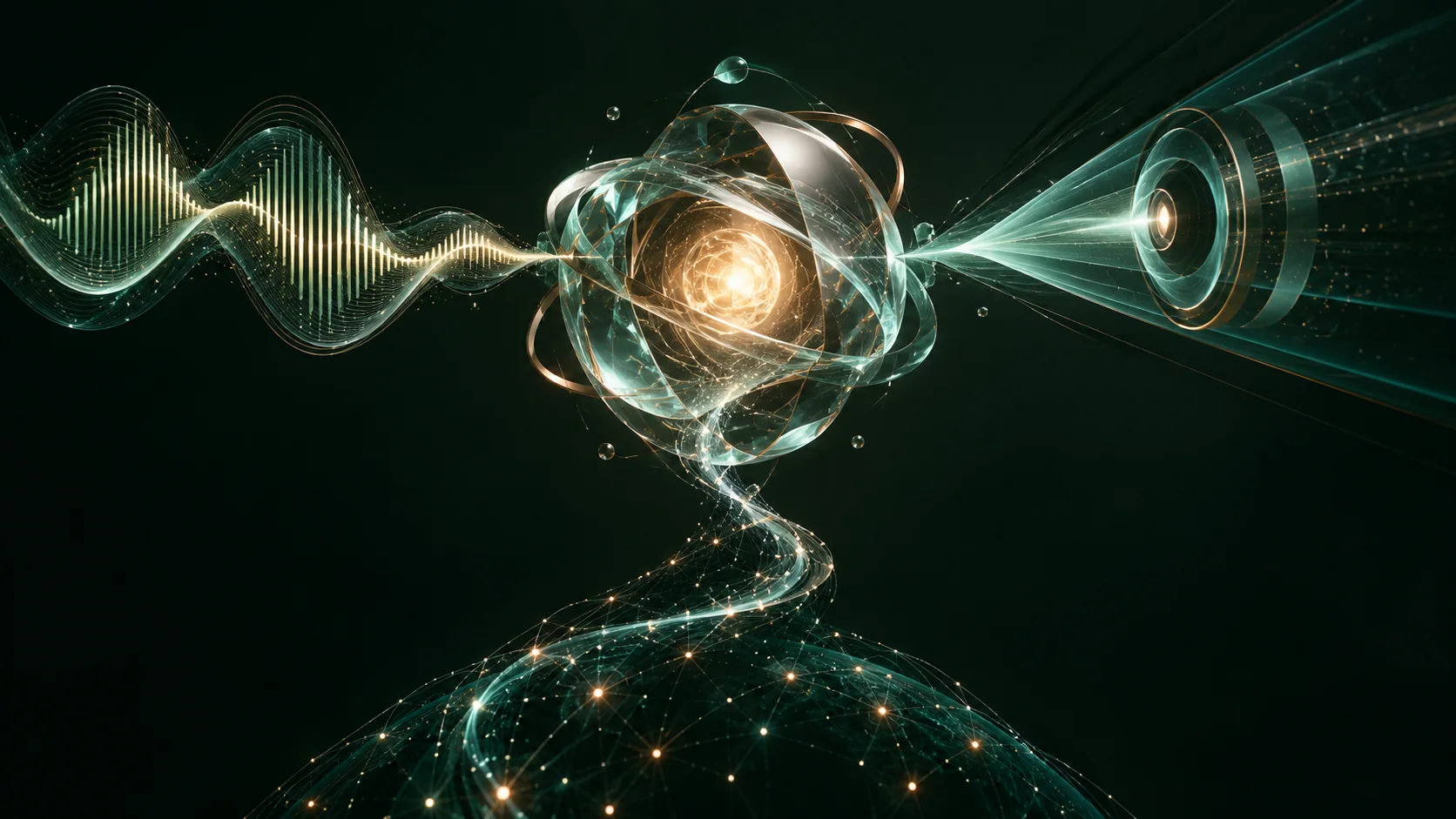 Sound waves, a vision aperture and an internet constellation converge around a luminous glass core