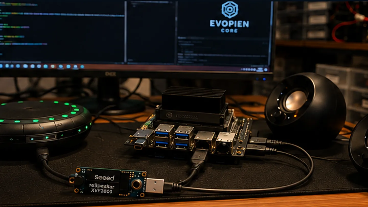 Illustrative reconstruction of the current Evopien Jetson workstation showing local compute, microphone array, and speakers