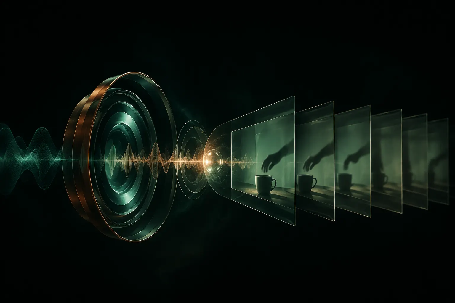 Conceptual illustration of a camera iris, sequential visual frames and an acoustic waveform converging into one core